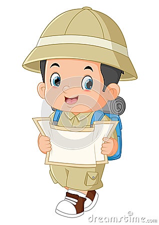 a cute adventurous boy carrying a backpack and reading a map Vector Illustration