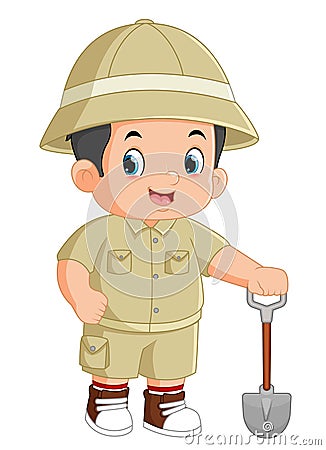 a cute adventurous boy poses with a shovel to dig for treasure Vector Illustration