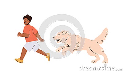 Cute afraid little boy child character running away chasing vicious aggressive homeless dog Vector Illustration