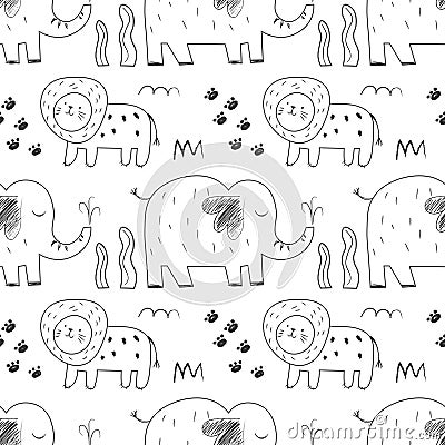 Cute africa doodle line jungle animals seamless pattern. Vector hand drawn illustration. EPS Vector Illustration