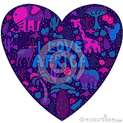 Cute Africa pattern in silhouette of heart with wild animals Vector Illustration