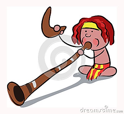 Cute African aboriginal boy plays didgeridoo stock illustration Vector Illustration