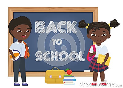 Cute african american black Boy and girl kids. Back to School isolated cartoon characters near blackboard. Vector Vector Illustration