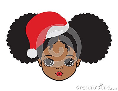 Cute Black Afro Puff Girl with Christmas Santa hat Vector Illustration Vector Illustration