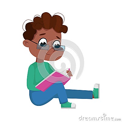 Cute African American Boy in Glasses Sitting on Floor and Reading Book, Preschooler Kid or Elementary School Student Vector Illustration