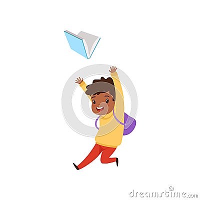 Cute african american boy jumping with book, elementary school student playing and learning vector Illustration on a Vector Illustration