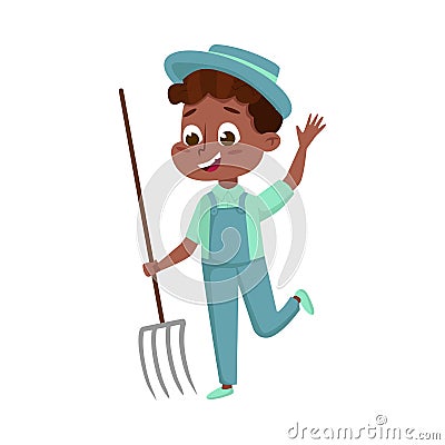 Cute African American Boy with Pitchfork, Little Kid Farmer Character in Overalls Working in Garden Cartoon Style Vector Vector Illustration
