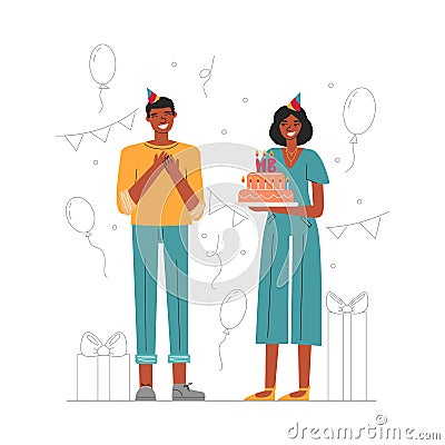 Cute african american couple celebrating birthday Vector Illustration