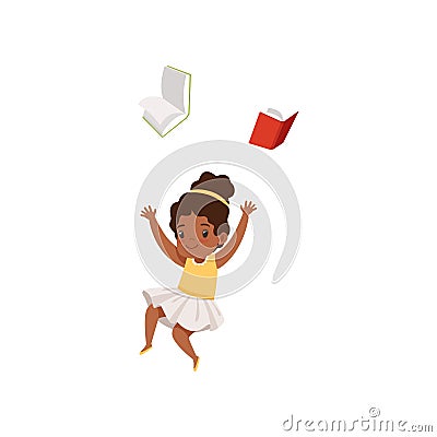 Cute african american girl having fun with book, elementary school student playing and learning vector Illustration on a Vector Illustration