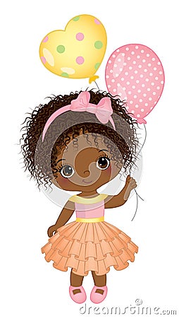 Cute Little African American Girl Holding Air Balloons Vector Illustration