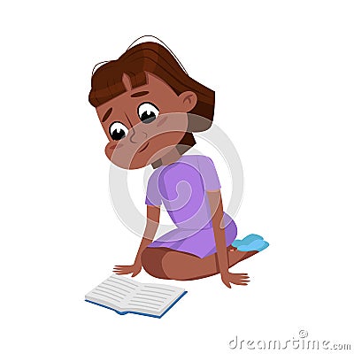 Cute African American Girl Sitting on Floor and Reading Book, Preschooler Kid or Elementary School Student Enjoying Vector Illustration