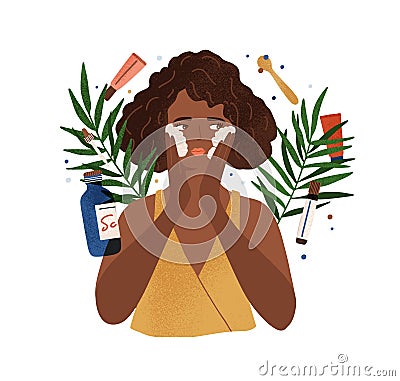 Cute African American young woman applying foamy composition wash face vector flat illustration. Female enjoying skin Vector Illustration