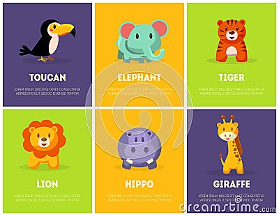 Cute African Animals Banners Set, Toucan, Elephant, Tiger, Lion, Giraffe, Hippo Vector Illustration Vector Illustration