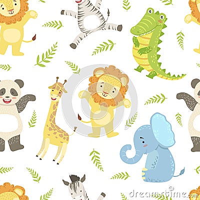 Cute African Animals Childish Seamless Pattern, Giraffe, Lion, Elephant, Crocodile, Panda bear, Zebra, Design Element Vector Illustration