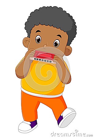 a cute African boy plays the harmonica seriously Vector Illustration