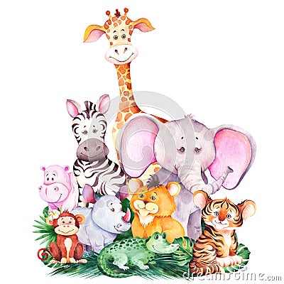 Cute african cartoon animals isolated on white background. Cartoon Illustration