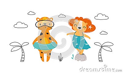 Cute African Lion and Tiger in Goggles and Rubber Ring Enjoying Hot Summer Vector Set Stock Photo