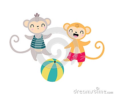 Cute African Monkey Animal Playing Ball Enjoying Hot Summer Activity Vector Illustration Vector Illustration