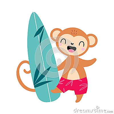 Cute African Monkey Animal in Trunks with Surfboard Enjoying Hot Summer Activity Vector Illustration Vector Illustration