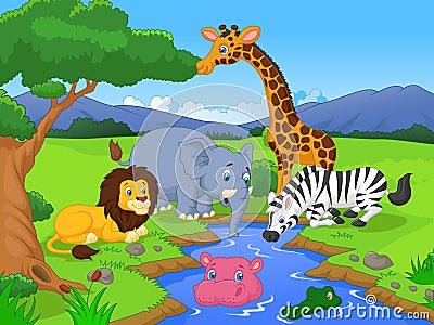 Cute African safari animal cartoon characters scene Vector Illustration