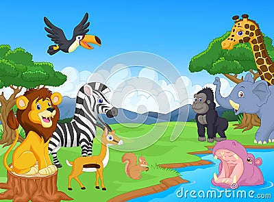 Cute African safari animal cartoon characters scene Vector Illustration