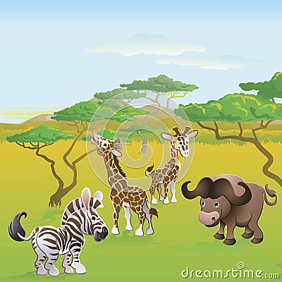 Cute African safari animal cartoon scene Vector Illustration