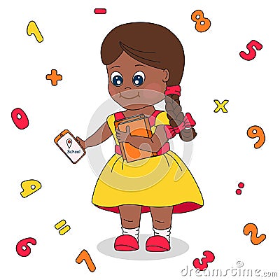 Cute African schoolgirl with books in her hands goes to school along the route in map on her mobile phone Vector Illustration