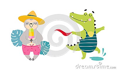 Cute African Sloth and Crocodile Eating Popsicle and Splashing in Water Enjoying Hot Summer Vector Set Stock Photo