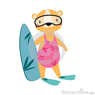 Cute African Tiger Animal in Swimsuit and Flippers Standing with Surfboard Enjoying Hot Summer Activity Vector Vector Illustration