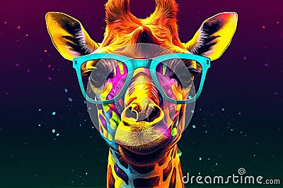 mammal sunglasses giraffe wildlife portrait colorful animal zoo neck africa. Generative AI. Stock Photo