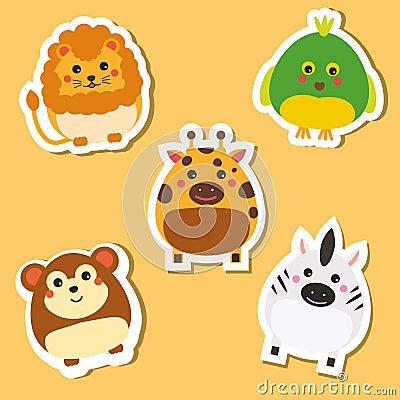 Cute african wild animals. Stickers set. Vector illustration. Lion, parrot, zebra Vector Illustration