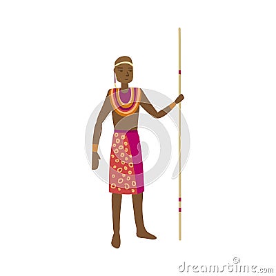Cute african aborigine with colorful red clothes and long lance Vector Illustration