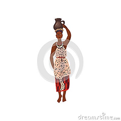 Cute african aborigine woman with ceramic water jug Vector Illustration