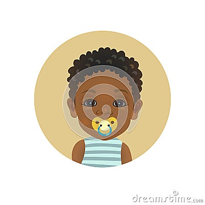 Cute Afro American African child with a soother pacifier emoticon. Dark-skinned toddler with dummy facial expression avatar Vector Illustration