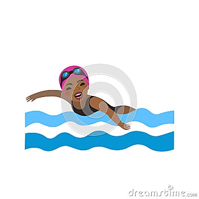 Cute Afro American Young Woman Swimming in the Blue Water. Smiling African Swimmer in the Swimming Pool. Vector Illustration