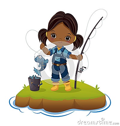 Vector Cute African American Girl Fishing Vector Illustration