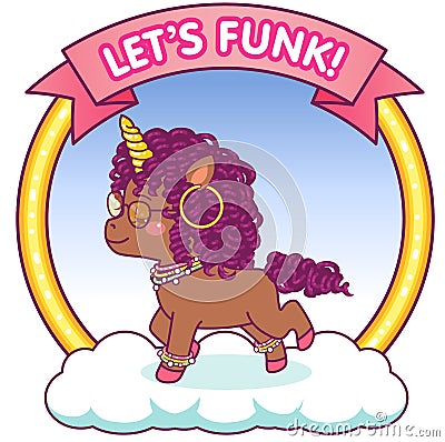 Cute afro unicorn, let funk Vector Illustration
