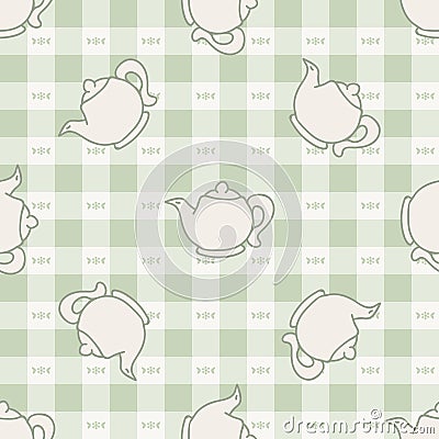 Cute afternoon teapot seamless vector pattern. Hand drawn green gingham domestic ceramic kettle background. Hot drink kitchenware Stock Photo