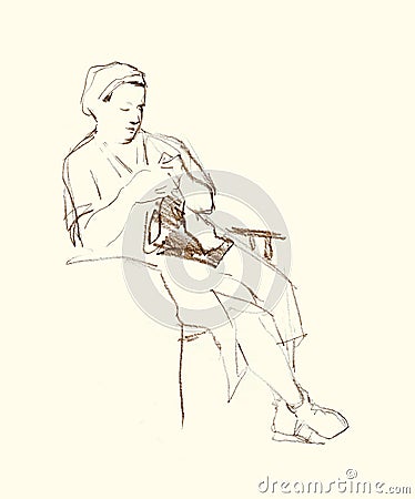 The woman is sitting embroidering. Pencil drawing Stock Photo