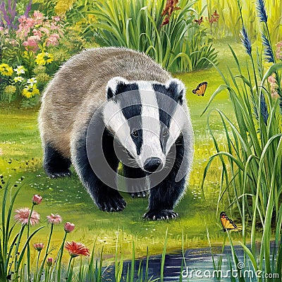 watercolor Garden Badger Cartoon Illustration