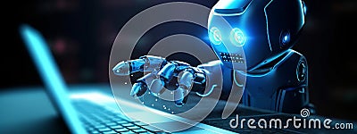 A cute ai little robot operating laptop generative AI Stock Photo