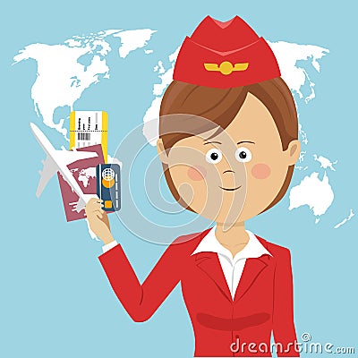 Cute air hostess in red uniform holding passport, ticket, credit card and airplane model over global map Vector Illustration