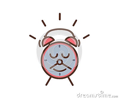 Cute alarm clock character with a smile and a mustache made of the minutes and hours pointer arrows. Vector Illustration