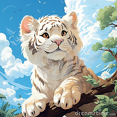 Cute albino tiger cub on top of the tree and blue sky with clouds in the background - Children's Illustration Stock Photo