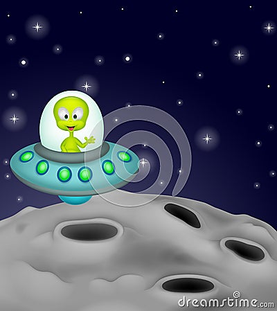 Cute alien cartoon in the spaceship Vector Illustration