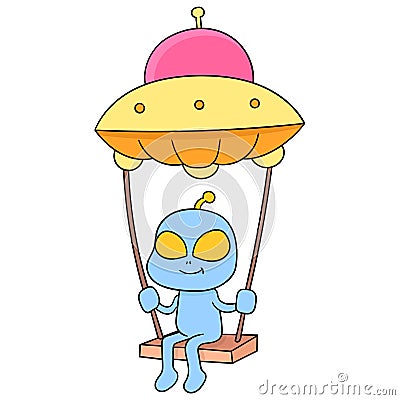 Cute alien creature is playing swing flying with ufo, doodle icon image kawaii Vector Illustration