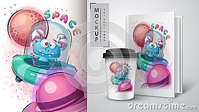 Cute alien poster and merchandising. Vector Illustration