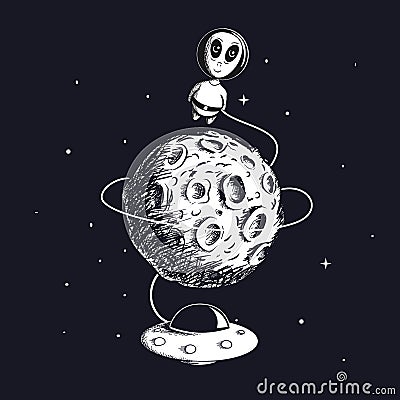 Cute alien flying around the Moon with UFO Vector Illustration