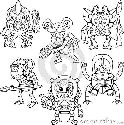 Cute aliens, coloring book, set of picture Vector Illustration