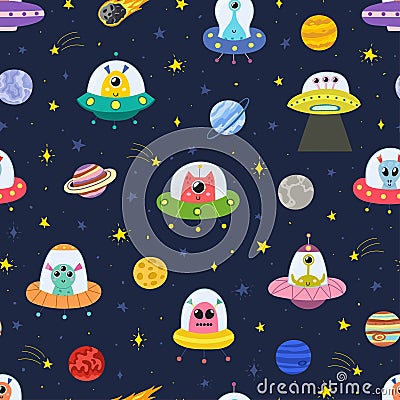 Cute aliens in space seamless pattern. Flying saucers funny childish background Vector Illustration